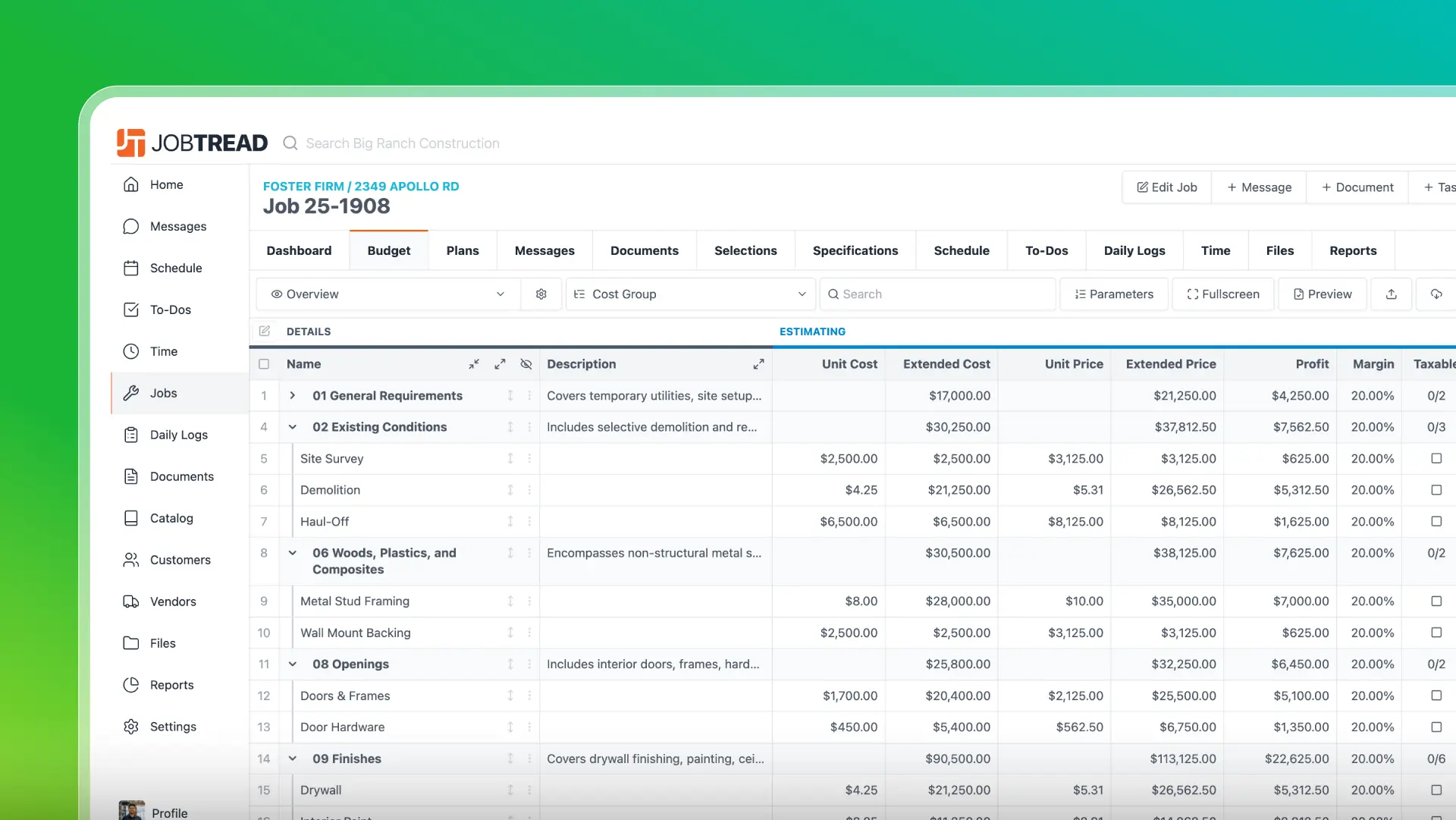 JobTread dashboard budget