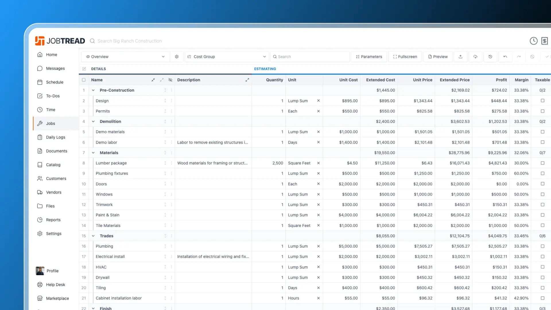 Building and sending a construction proposal in JobTread
