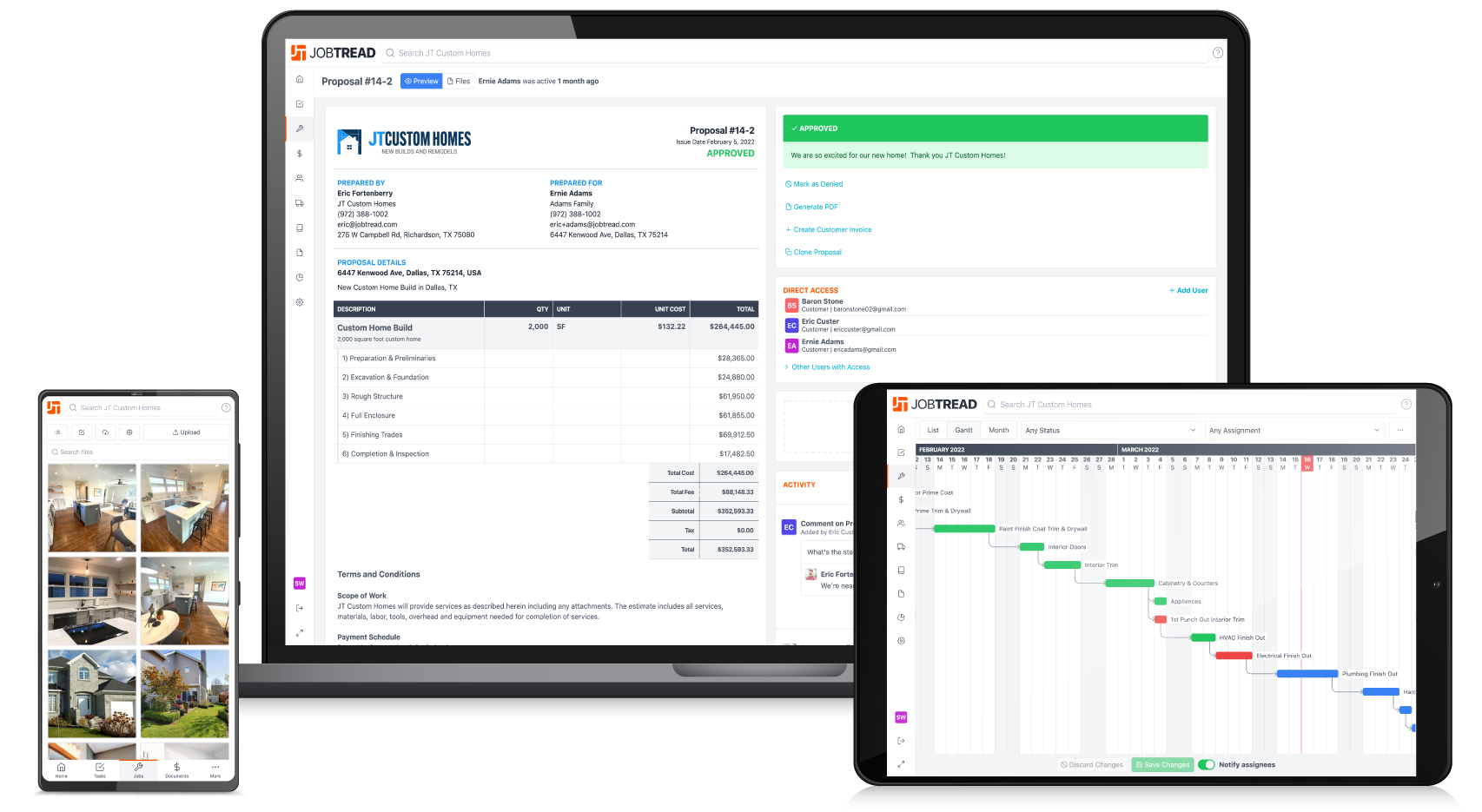 Construction software dashboard showing recent job activity, photos, videos and financial performance