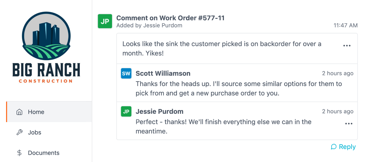 Screenshot of vendor portal conversation